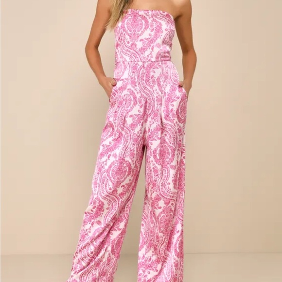 Lulus Pants - Bali Babe Ivory and Pink Boho Print Strapless Wide-Leg Jumpsuit